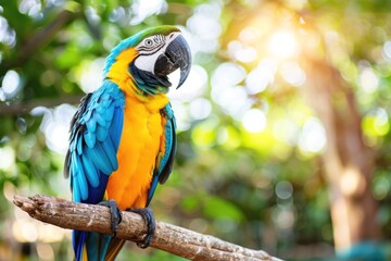 Colorful macaw perched on a branch in a vibrant tropical garden during the day