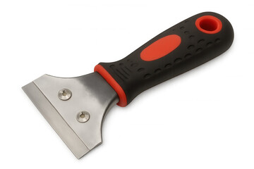 Obraz premium Metal scraper with red and black rubberized handle, sharp blade gleaming, positioned for precise kitchen or workshop tasks against clean background