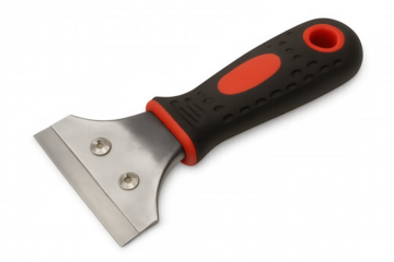 Metal scraper with red and black rubberized handle, sharp blade gleaming, positioned for precise kitchen or workshop tasks against clean background