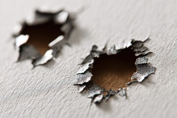 Two holes punched through a textured, light gray surface.  Cracked edges of the holes