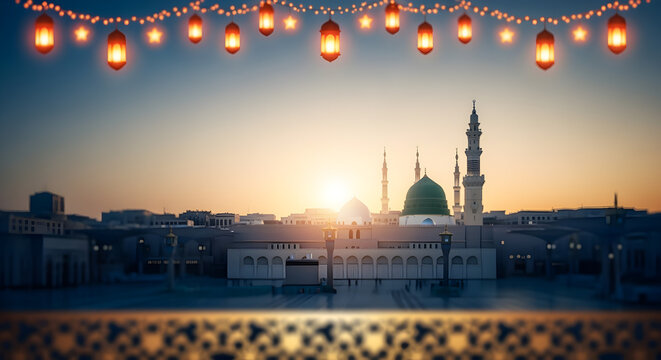 Milad un Nabi Maulid or Mawlid al Nabi islamic background banner with Madina mosque under starry sky