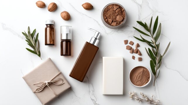 Flat lay of skincare and cosmetics with herbs on marble surface for branding product photography natural beauty concept visual composition