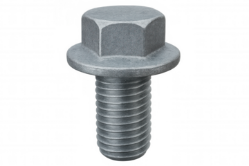 Metallic flange bolt displaying industrial precision against clean transparent backdrop