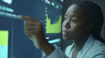 Professional woman analyzing data on digital screen, focused on graphs and statistics. environment reflects modern workspace, emphasizing technology and data driven decision making