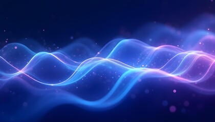 Abstract tech waves with flowing lines and glowing particles, gradient blues and purples.