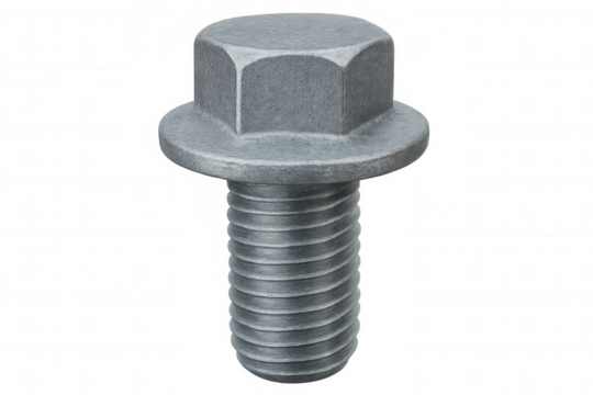 Metallic flange bolt displaying industrial precision against clean transparent backdrop