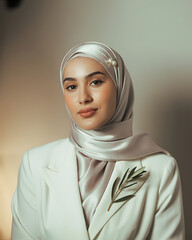 Elegant young woman wearing a light colored hijab and blazer with a leaf brooch