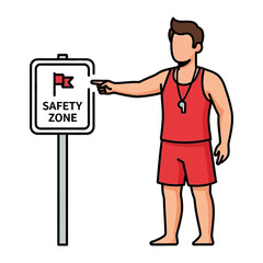 Lifeguard Directing Safety Zone: A diligent lifeguard, clad in vibrant red attire, stands prominently beside a clear Safety Zone sign with a red flag.