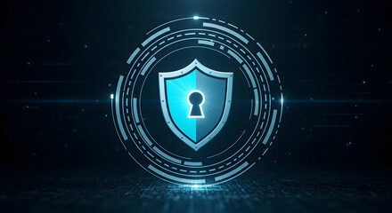 A glowing blue shield icon with a keyhole is centered within a futuristic circular heads up display. A concept for cybersecurity, data protection, and digital safety.