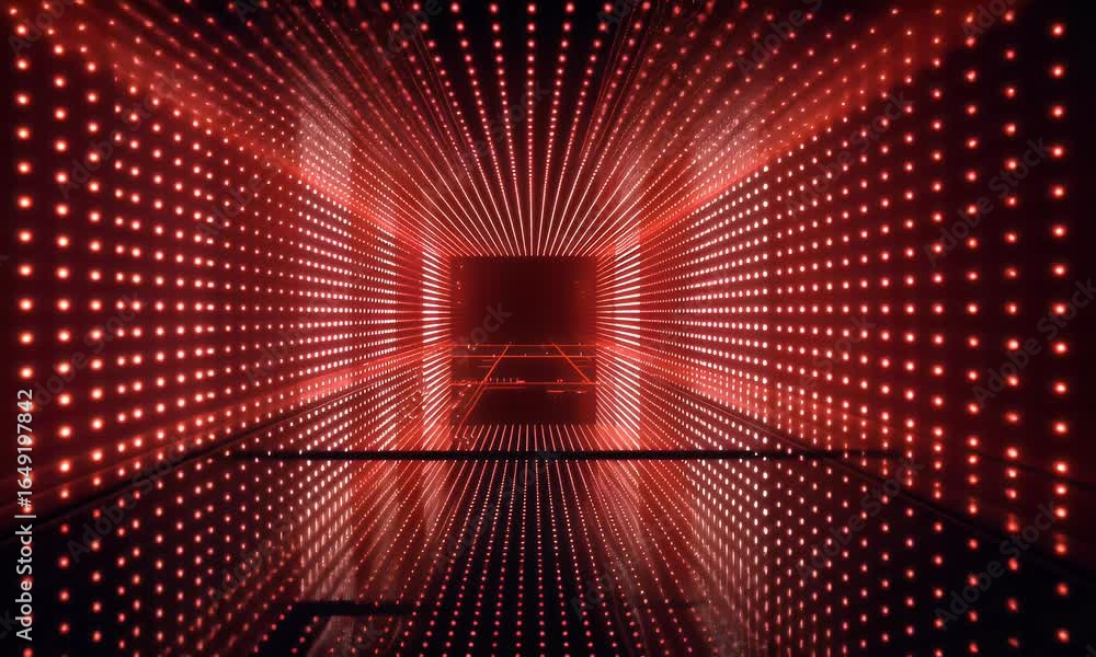 Poster red led lights on the wall, red light dots arranged in lines with a red background, close-up of a di