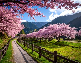 Cherry blossoms line a scenic pathway through a valley