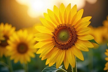 Obraz premium A vibrant sunflower basks in the golden sunlight, its petals radiating warmth and joy The rich colors and textures create a feeling of summer energy and natural beauty , warm, close-up, rural