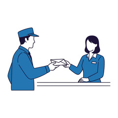 Postal Service Interaction: A postal worker hands a sealed envelope to a customer at a service counter, representing clear communication and a reliable delivery system. 