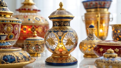 Ornate golden jars and vases with intricate designs and bee motifs