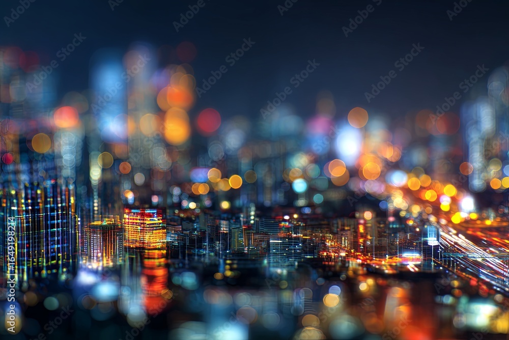 Poster colorful desktop computer displaying abstract digital art with blurred city lights background