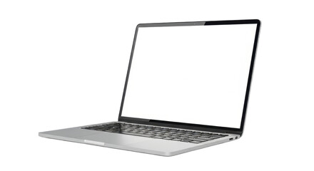 Silver laptop computer with a blank white screen, angled slightly to the left, isolated on a white background.
