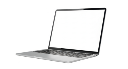 Silver laptop computer with a blank white screen, angled slightly to the left, isolated on a white background.