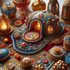 Fototapeta premium Ornate jeweled lanterns and boxes glow with warm light
