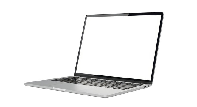 Silver laptop computer with a blank white screen, angled slightly to the left, isolated on a white background.