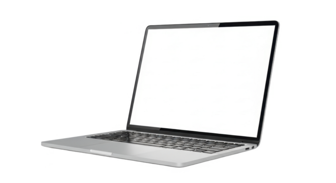 Silver laptop computer with a blank white screen, angled slightly to the left, isolated on a white background.