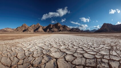 Vast, cracked, arid plain stretches towards a mountain range under a vibrant blue sky