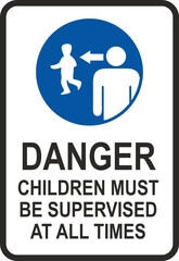 Children must be accompanied by an adult sign. Children supervision warning sign with blue background and white slash