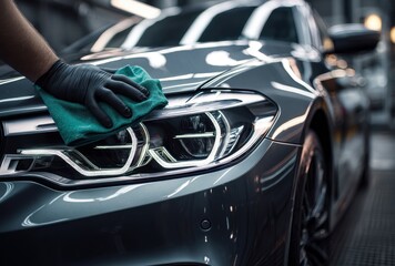 A close-up shot depicts a gloved hand meticulously cleaning the headlight and front grill of a sleek, dark-colored vehicle, showcasing the detailing process in an auto care setting.