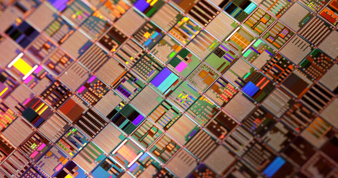 Silicon semiconductor wafer close-up.