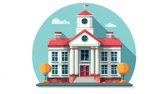 Flat school building icon representing classrooms, teachers, and student life, perfect for educational apps, tutoring services, and back-to-school promotions.