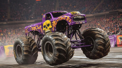 Monster truck with skull design leaping across arena floor, crowd standing and shouting