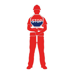 Construction Worker with a Stop Sign: A silhouette of a construction worker stands tall, holding a stop sign, portraying safety and caution in a vibrant visual