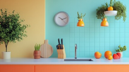 Playful colorful kitchen interior with wall decor and fruit bowls for lifestyle branding cooking healthy food styling photography