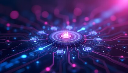 Futuristic AI circuit with interconnected nodes and light trails, purple and cyan color scheme .