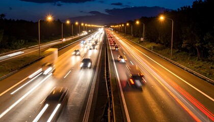 Obraz premium Night Highway Traffic Flow at Dusk with Light Trails