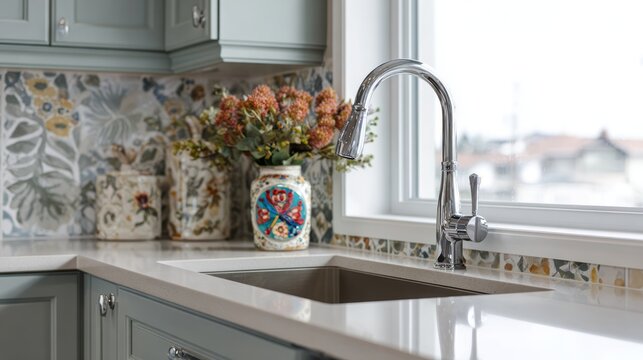 Stylish kitchen corner with patterned backsplash and decorative accents.