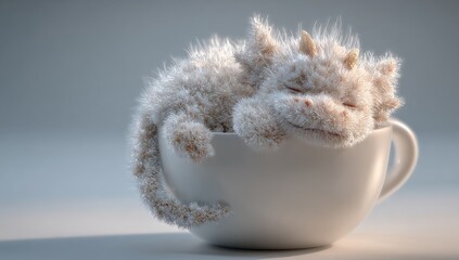 Fluffy dragon curled asleep in white teacup