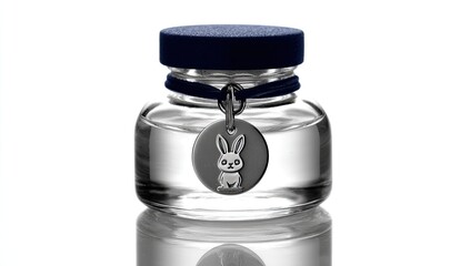 Clear glass bottle with navy blue cap and a small silver rabbit charm