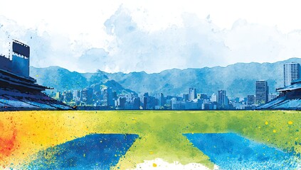 Watercolor baseball stadium, city view