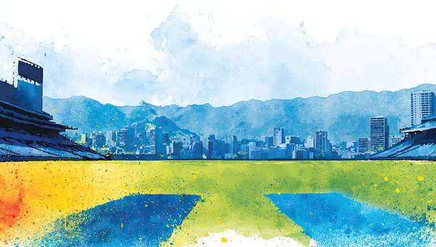 Watercolor baseball stadium, city view
