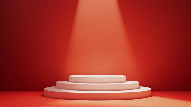 Red podium platform under spotlight for product presentation award ceremony event branding visual photography display design concept