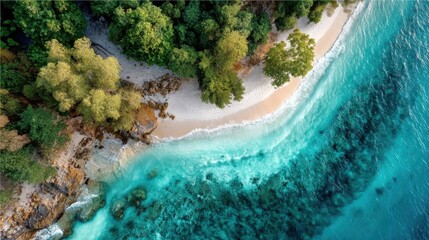 Aerial view of a tropical beach with turquoise water, white sand, lush green trees, and coral reefs along the shoreline.