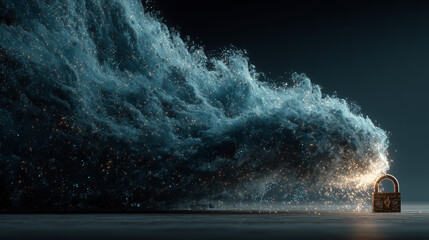 An epic visual metaphor for post-quantum cryptography (PQC), with an unbreakable lock withstanding a quantum attack.