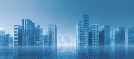 Obraz premium Modern city skyline, cool tones, glassy buildings