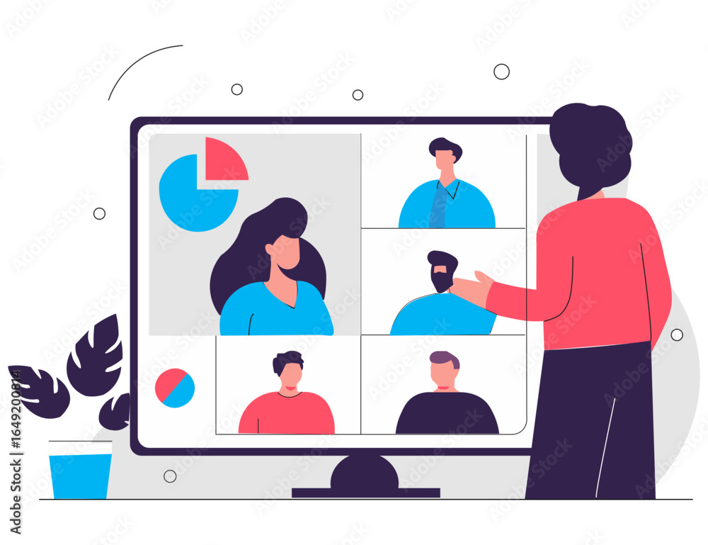 Poster flat design of an employee sharing screen with pie charts and bullet points during a remote call, te