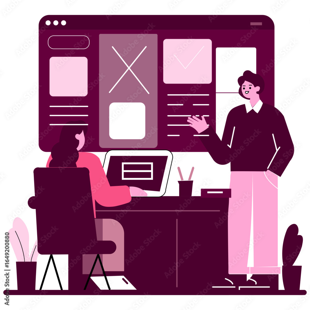 Poster minimal flat design of a uiux designer presenting wireframes on a large screen to an attentive team 