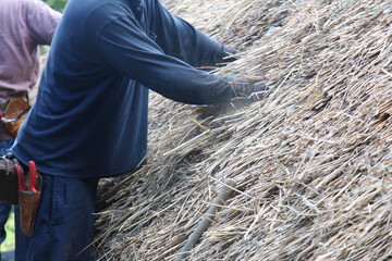 茅葺き屋根に茅を差し込み整える職人