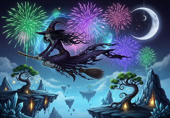A witch flying on a broomstick over floating islands with fireworks and a crescent moon in the night sky