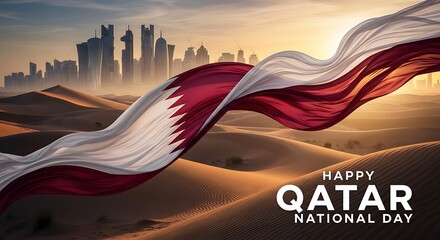 Qatar National Day: Waving Flag Over Desert Dunes with Doha Skyline at Sunset