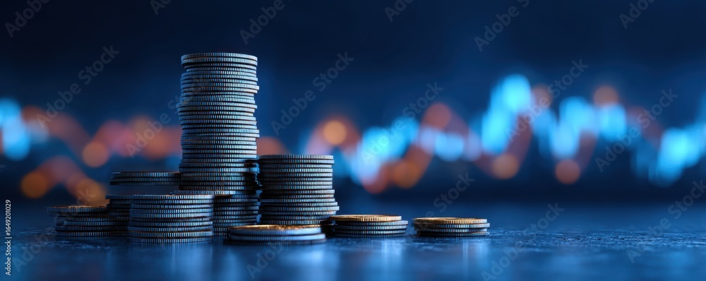 Poster stacks of coins are arranged on a reflective against a blurred background featuring dynamic blue fin