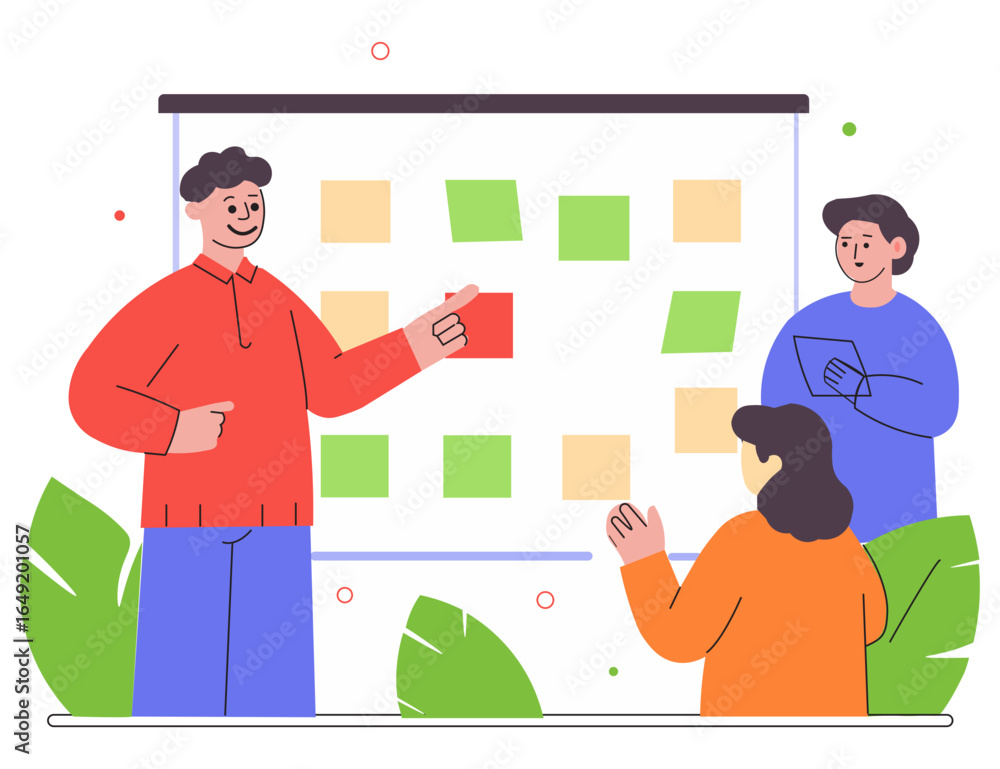 Poster minimal flat design of a presenter summarizing brainstorming results with sticky notes on whiteboard